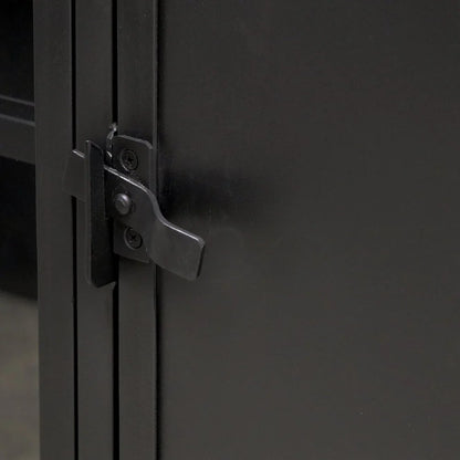 Close-up of a black metal cabinet door latch and lock mechanism.
