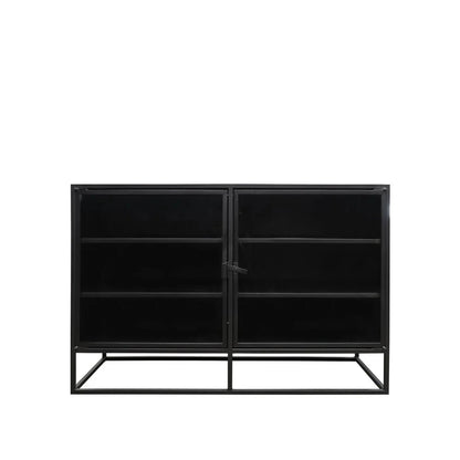 A black metal-framed two-door cabinet with three shelves inside and a low open base, shown against a plain white background.