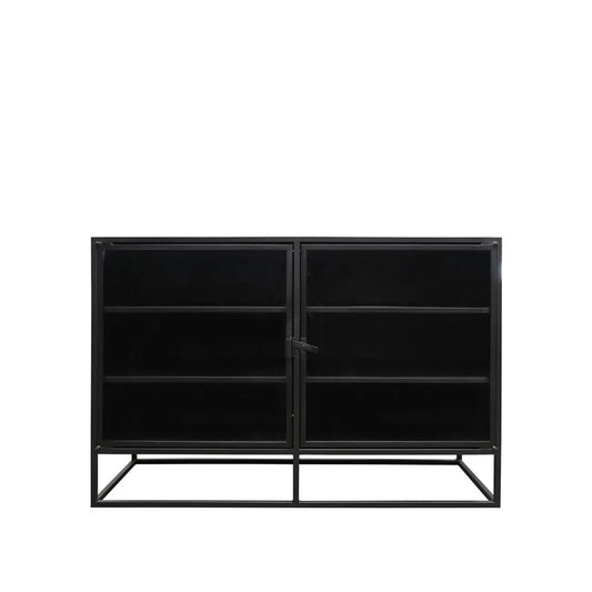 A black metal-framed two-door cabinet with three shelves inside and a low open base, shown against a plain white background.
