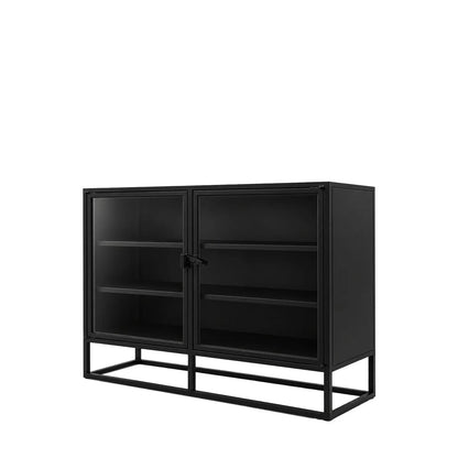 Black cabinet with glass doors on a white background