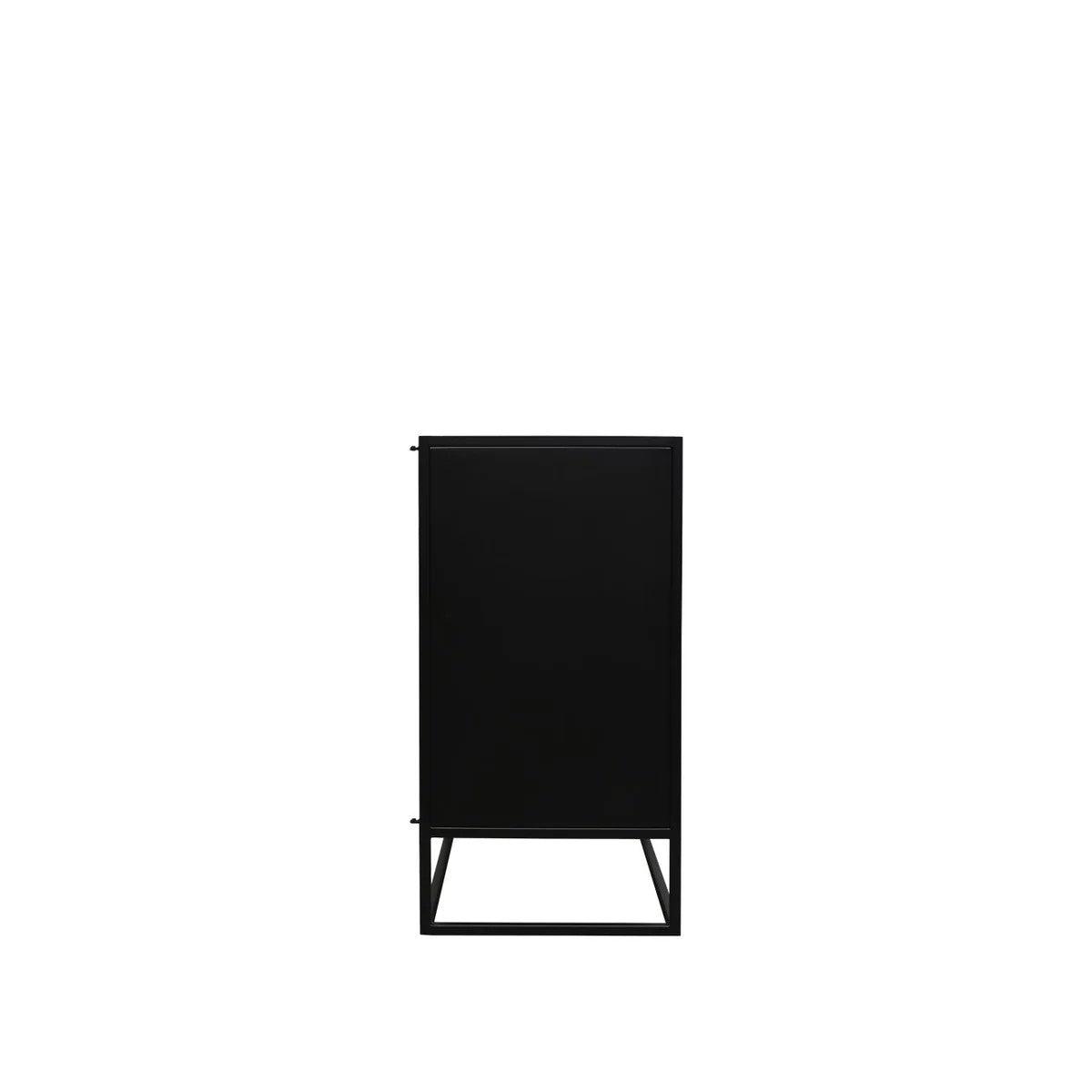 Side detail of black metal cabinet shown against a plain white background 