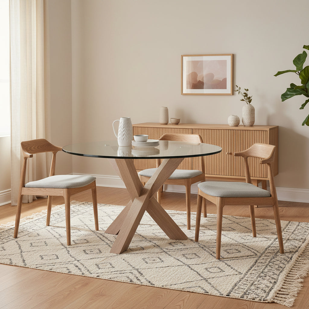 Round glass dining table with wooden cross plinth base in a neutral dining room setting 