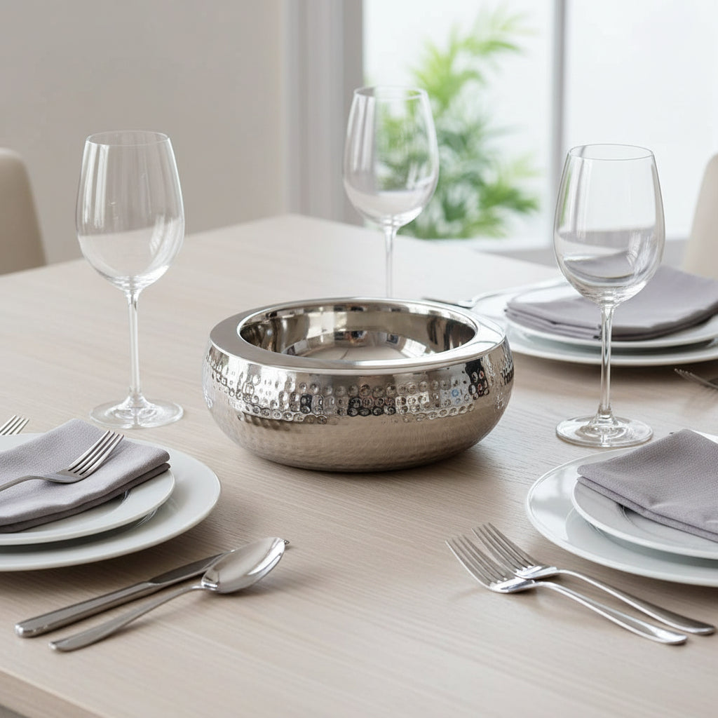 Stainless Steel bowl with hammer finish on a dressed dining table 