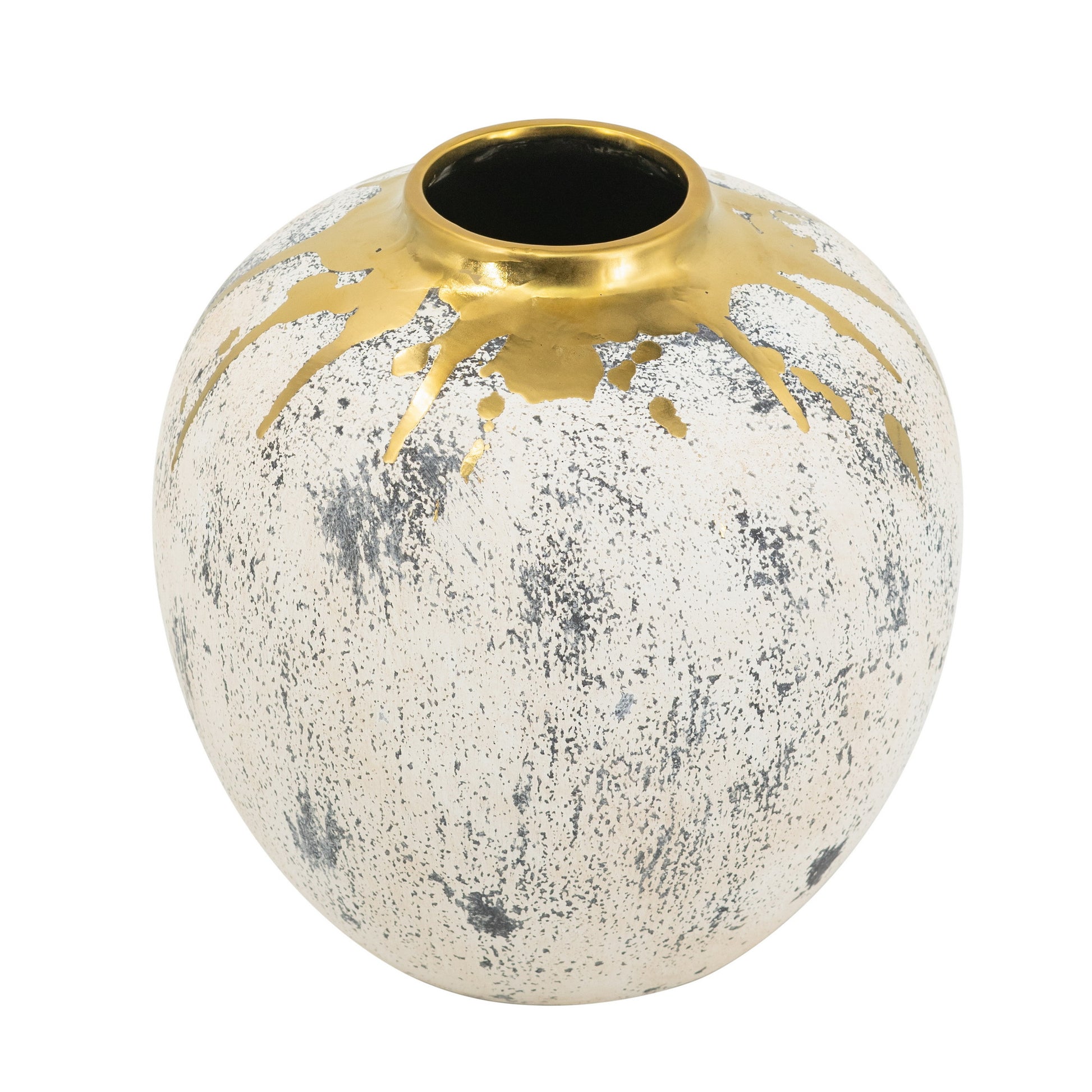Decorative ceramic vase with gold accents on a white background