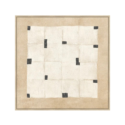 A square abstract art print featuring a cream-colored grid with scattered black rectangular blocks, surrounded by a beige border and a thin light frame, shown against a plain white background.