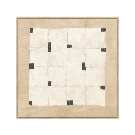 A square abstract art print featuring a cream-colored grid with scattered black rectangular blocks, surrounded by a beige border and a thin light frame, shown against a plain white background.