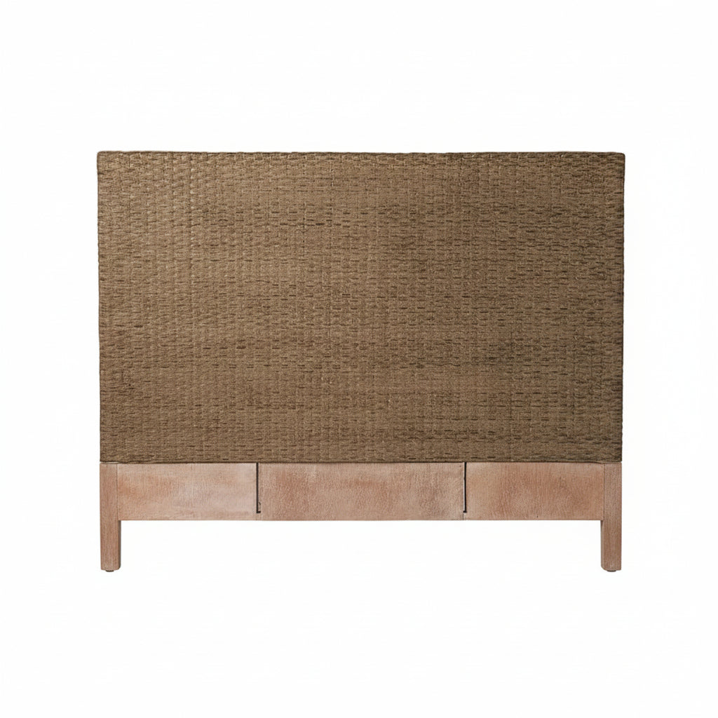 A classic style headboard featuring woven rattan in a natural pepper brown tone and a light natural wood bottom frame/legs, shown against a white background.