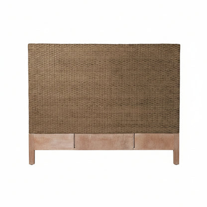 A classic style headboard featuring woven rattan in a natural pepper brown tone and a light natural wood bottom frame/legs, shown against a white background.