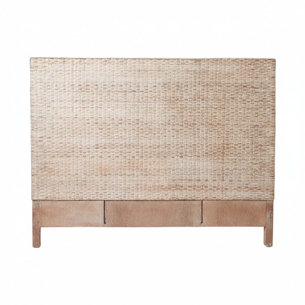 A modern woven rattan headboard in natural whitewash tones and a light brown wooden footboard, shown against a white background.
