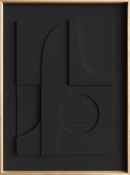 Abstract framed wall art featuring layered black geometric shapes and curved lines on a black field, bordered by a light natural wood frame.