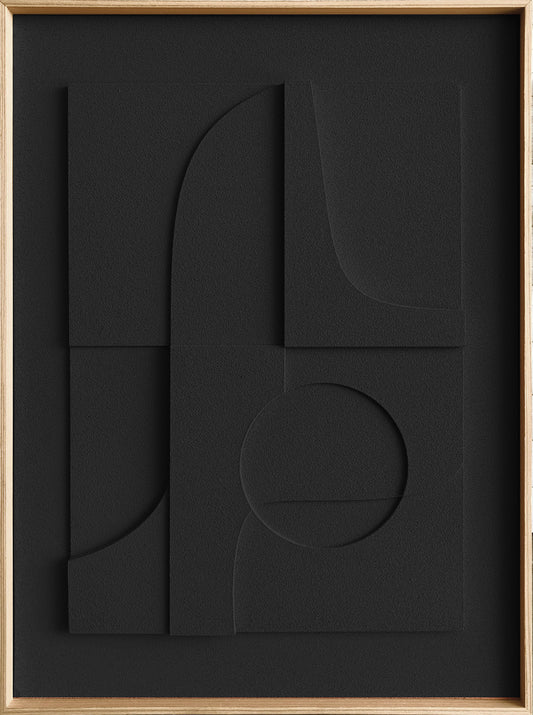 Abstract framed wall art featuring layered black geometric shapes and curved lines on a black field, bordered by a light natural wood frame.