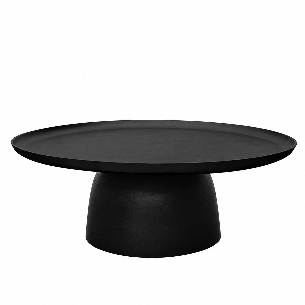 A round black coffee table with a wide, shallow tray-style top and a tapered pedestal base, shown on a plain white background.