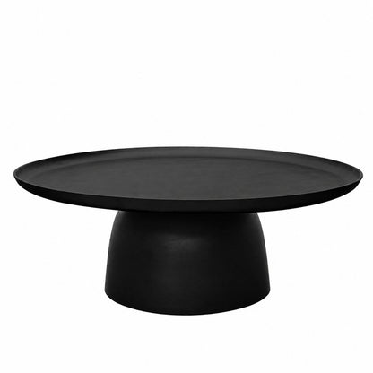 A round black coffee table with a wide, shallow tray-style top and a tapered pedestal base, shown on a plain white background.