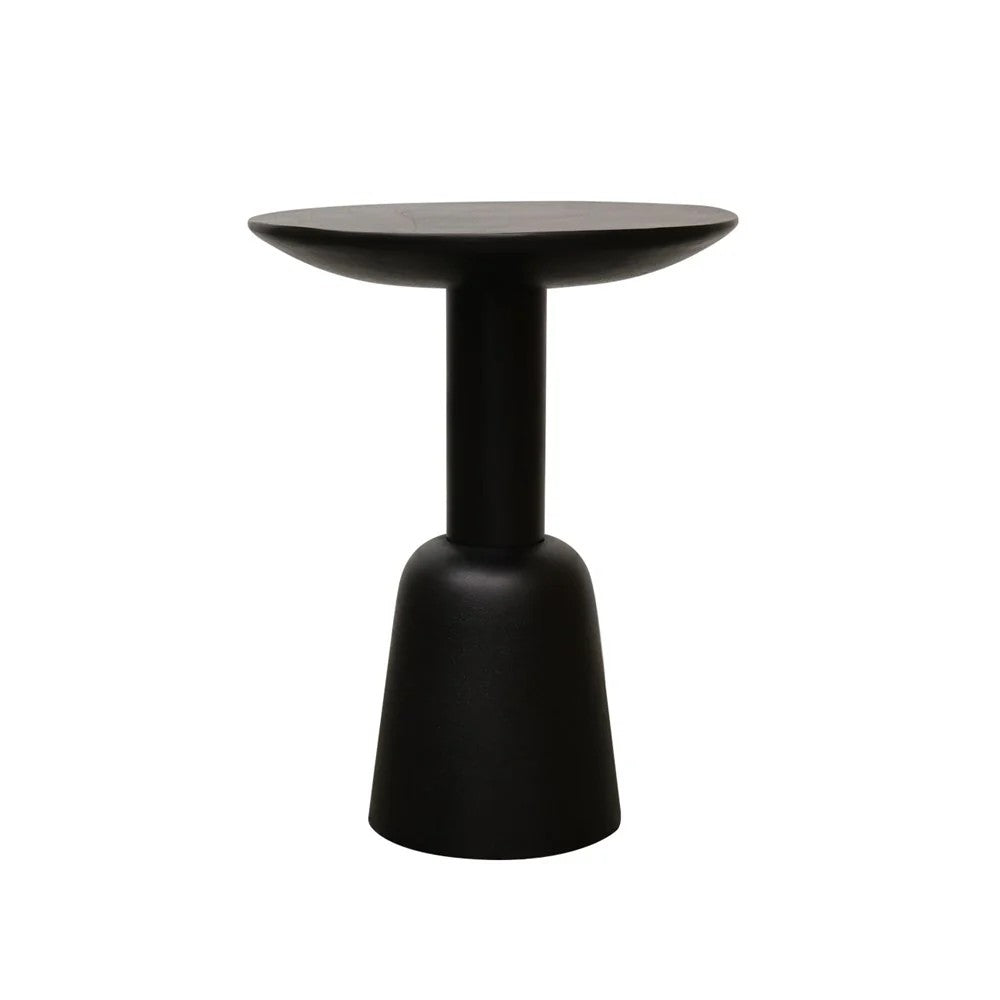 A modern black side table with a wide, shallow oval top, a cylindrical stem, and a flared base, shown on a plain white background.
