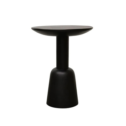 A modern black side table with a wide, shallow oval top, a cylindrical stem, and a flared base, shown on a plain white background.