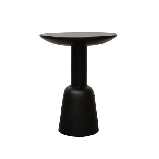 A modern black side table with a wide, shallow oval top, a cylindrical stem, and a flared base, shown on a plain white background.