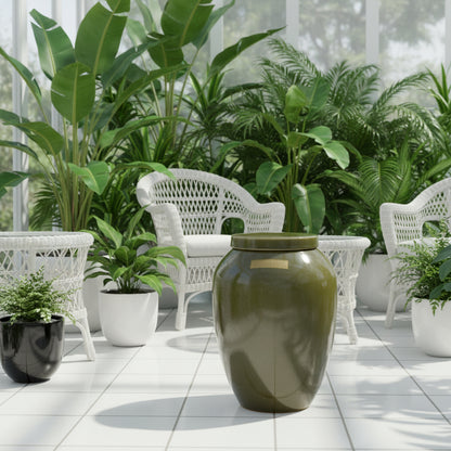 Green urn with a lid on a white background