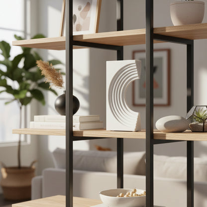 White marble sculpture with concentric circular patterns on a shelving unit 