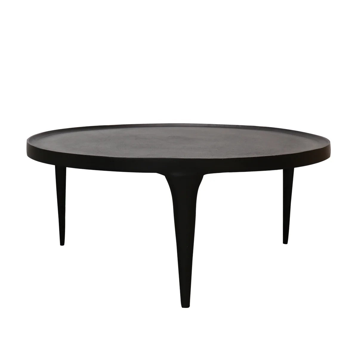 A round black coffee table with a matte finish and three tapered legs, shown against a plain white background.