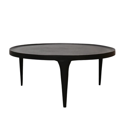 A round black coffee table with a matte finish and three tapered legs, shown against a plain white background.