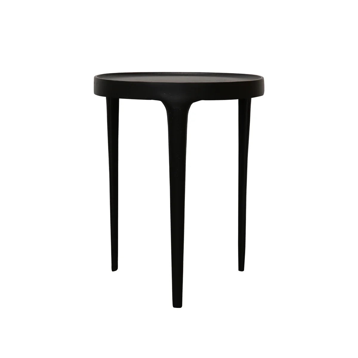A minimalist black side table with a circular top and three tapered legs, shown against a solid white background.
