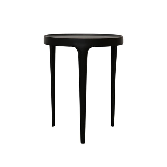A minimalist black side table with a circular top and three tapered legs, shown against a solid white background.