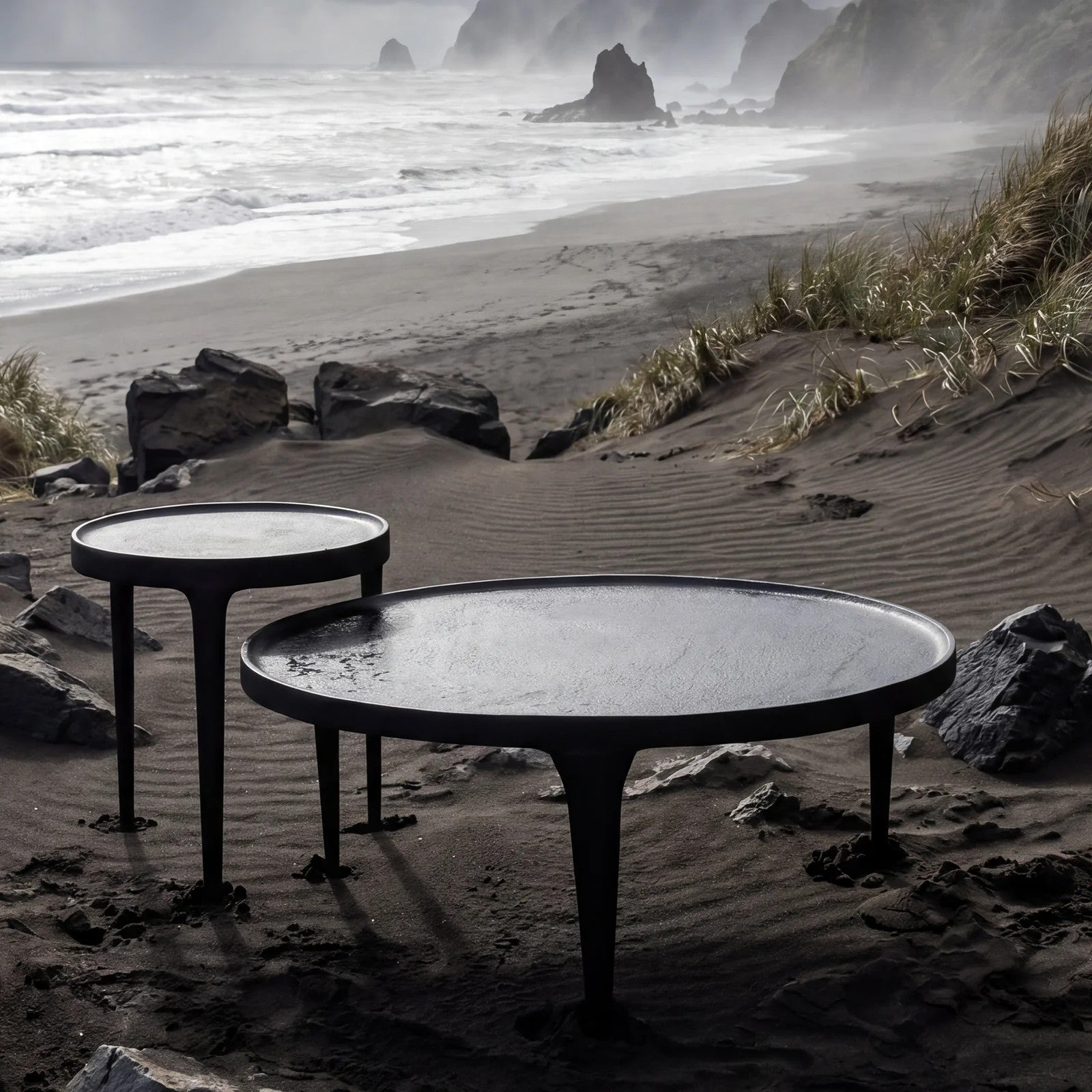 Two round tables with black metal frames and legs, placed on a sandy beach with ocean waves, rocks, and dune grass in the background.