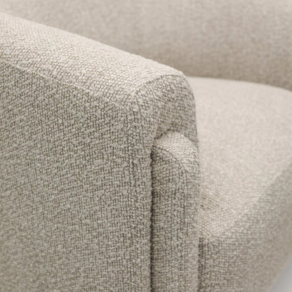 Close-up of a taupe textured armchair arm