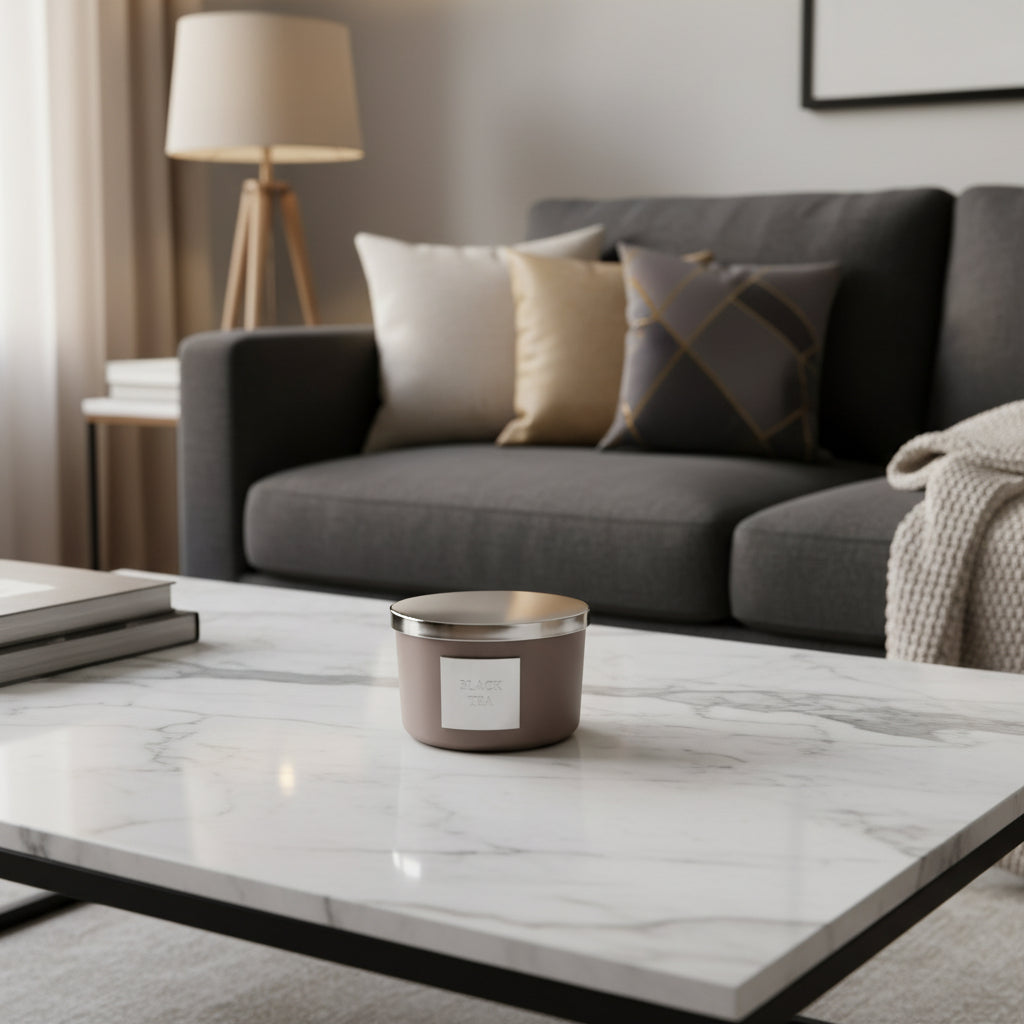 Silver/taupe candle container with silver lid and label on a white marble coffee table 
