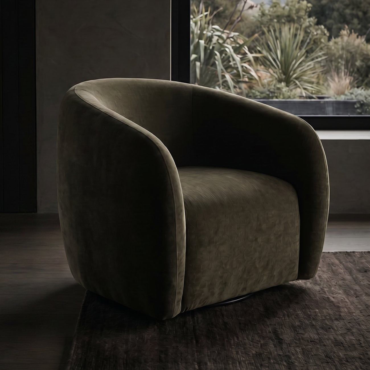 Modern moss swivel armchair in a dimly lit room with a window showing outdoor plants.