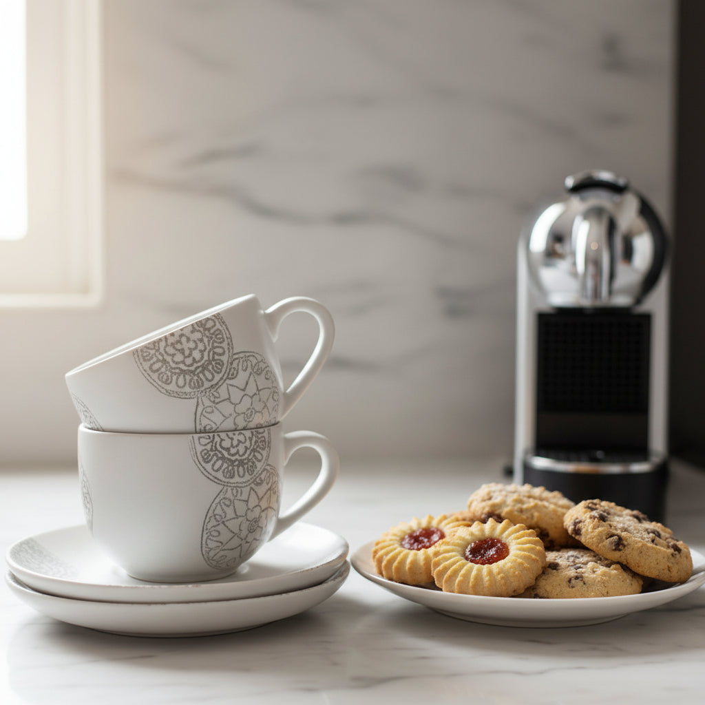 Two stacked white mugs with decorative patterns on a marble surface, accompanied by cookies and a coffee machine.
