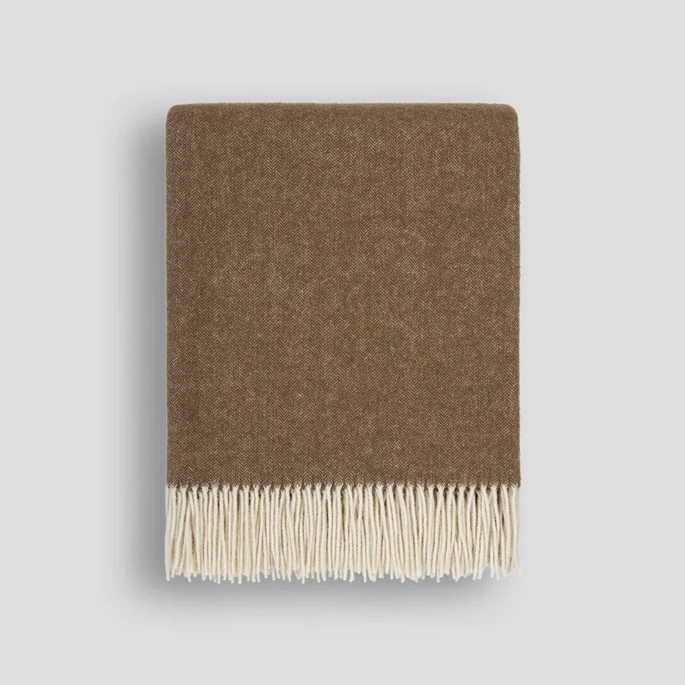 Brown blanket with cream fringe on a white background