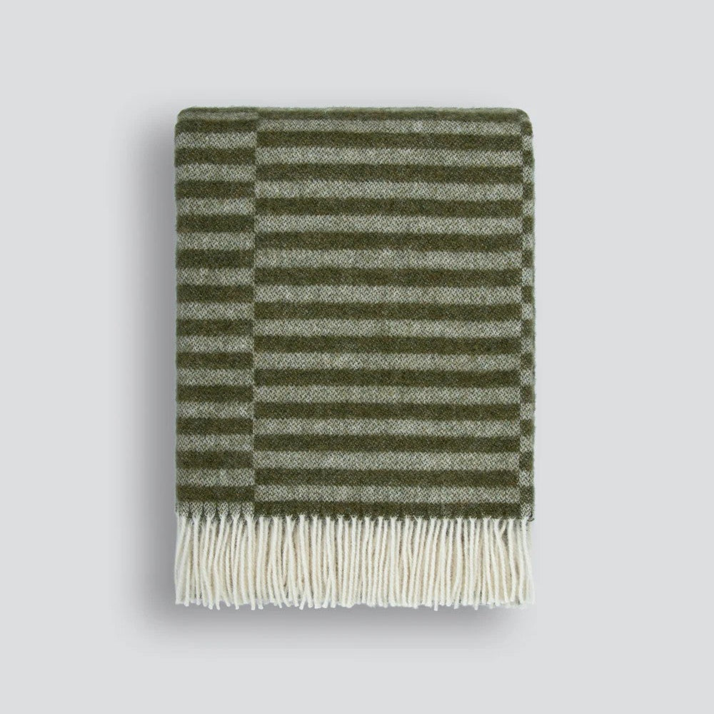 Olive Green striped throw blanket with cream fringe on a white background