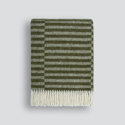 Olive Green striped throw blanket with cream fringe on a white background