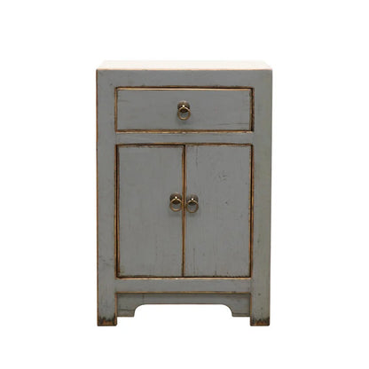 Small grey wooden bedside cabinet with a single drawer and two doors on a white background