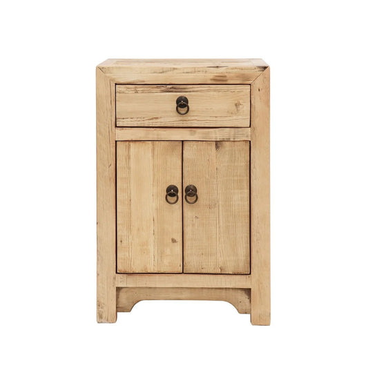 A small rustic wooden Bedside cabinet with one drawer and two doors, featuring dark metal ring pulls, set against a plain white background.