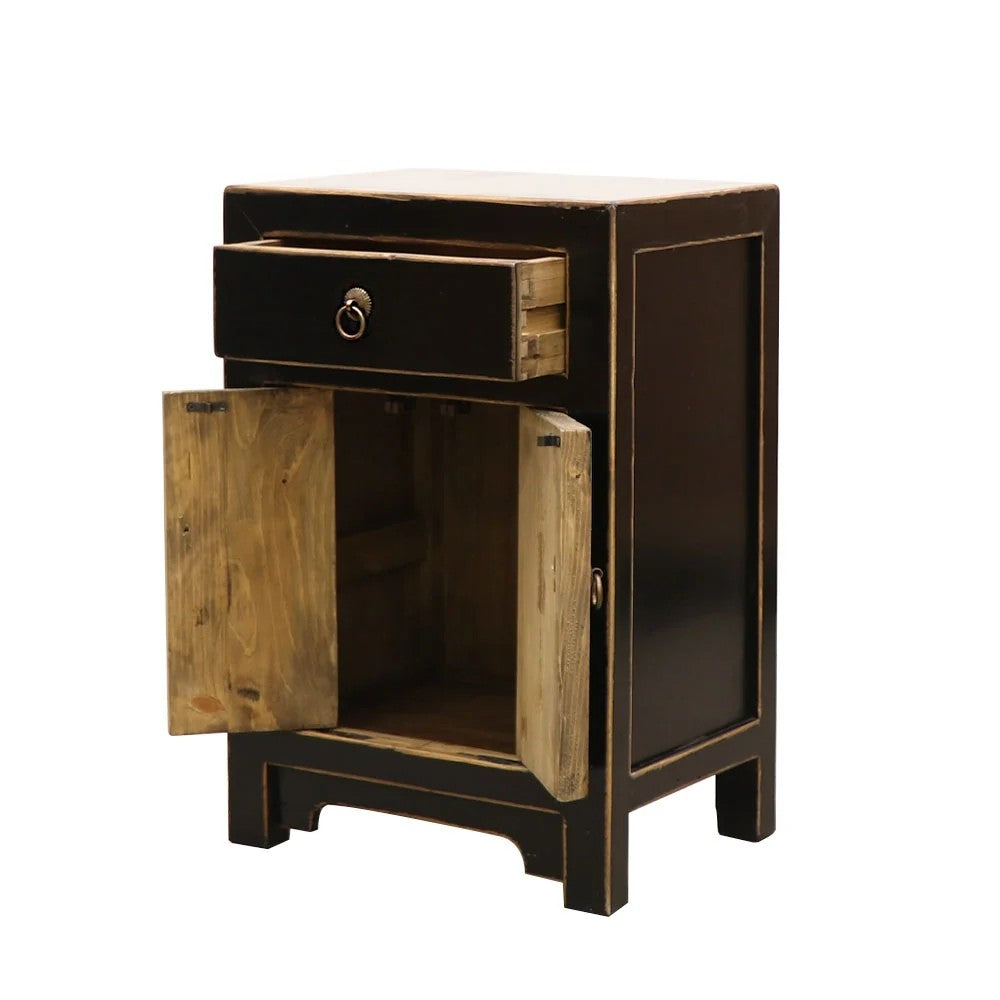 Wooden cabinet with black frame and open door on a white background