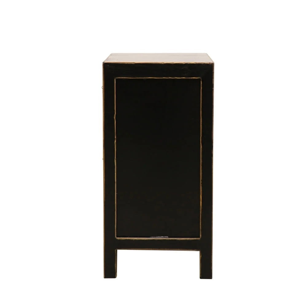 Side profile of a black bedside cabinet with natural edges on a white background