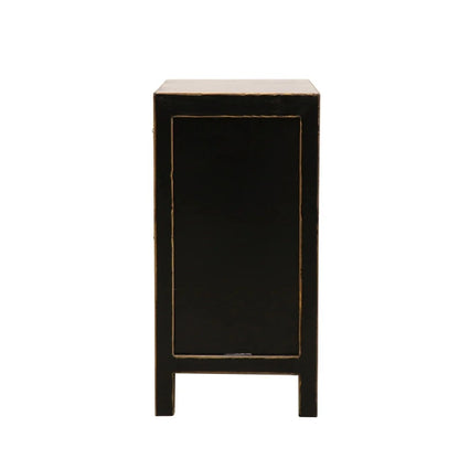 Side profile of a black bedside cabinet with natural edges on a white background