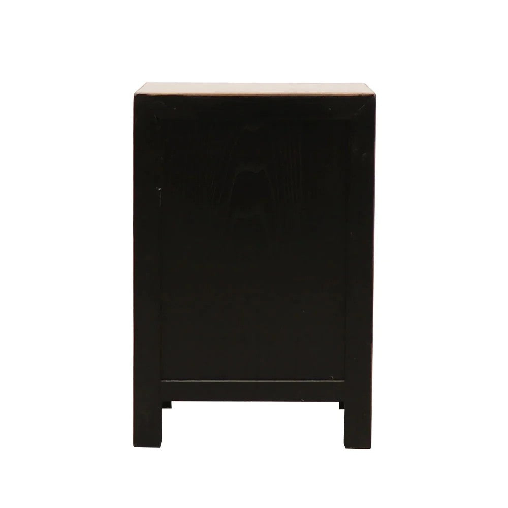 Back profile of a black wooden bedside cabinet, shown from the back against a plain white background