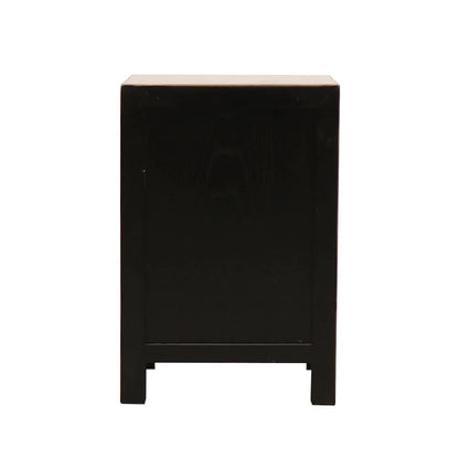 Back profile of a black wooden bedside cabinet, shown from the back against a plain white background