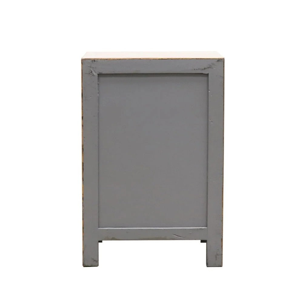 back profile of a small bedside cabinet with a distressed grey painted finish, shown against a plain white background.