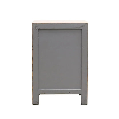 back profile of a small bedside cabinet with a distressed grey painted finish, shown against a plain white background.