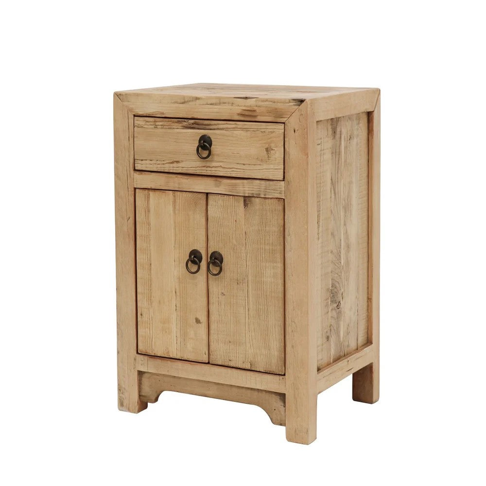 Wooden Bedside cabinet side with a drawer and two doors on a white background