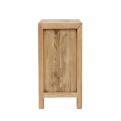 Side view of a wooden bedside cabinet with a natural light finish, featuring a panelled frame and short legs, shown against a plain white background