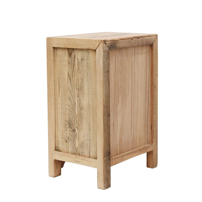 A rustic light wood bedside cabinet with a natural grain finish, shown from a three-quarter angle against a plain white background.