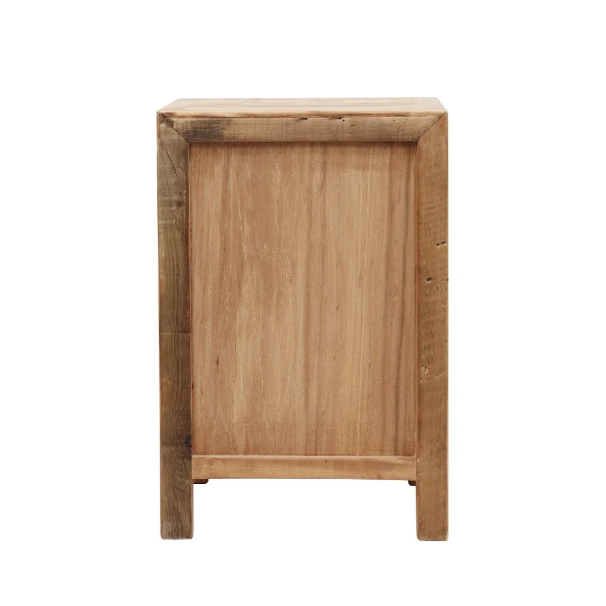 back view of a rustic wooden bedside cabinet with a natural light brown wood grain finish, shown against a plain white background.