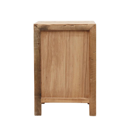 back view of a rustic wooden bedside cabinet with a natural light brown wood grain finish, shown against a plain white background.