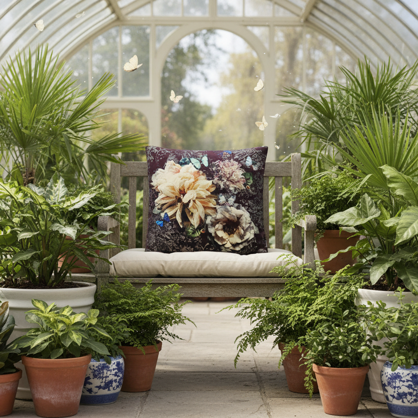 Decorative cushion with floral and butterfly design on a dark background