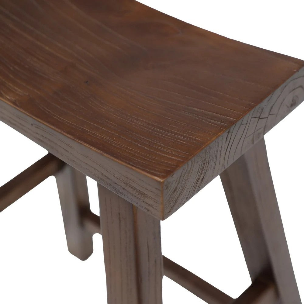 Closeup of wooden stool top with a dark brown finish on a white background
